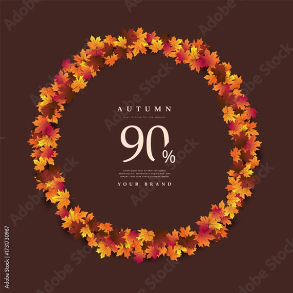 Fototapeta Autumn sale banner design with colorful maple leaves circle frame decoration and discount promotion on dark background perfect for seasonal advertising and marketing use