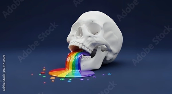 Fototapeta Skull vomiting rainbow colors in a surreal and artistic conceptual scene