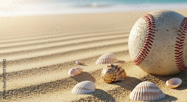 Fototapeta A baseball sitting on a sandy beach with seashells around it, positioned on the right side of the frame. The left portion shows clean blurred sand for text placement. Natural sunlight creates a warm 