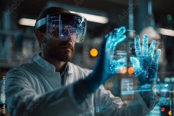 Obraz A scientist man in a high-tech research lab controlling holographic interfaces with hand gestures, glowing circuits floating in the air, immersive augmented reality display