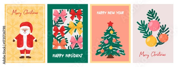 Fototapeta A set of four brightly colored festive greeting cards. Wishing you a Merry Christmas and a Happy New Year with festive elements. Winter holiday.