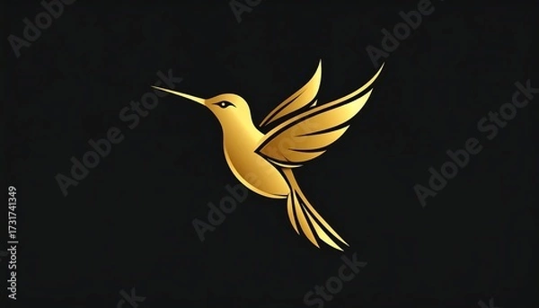 Fototapeta Golden hummingbird in flight, stylized, elegant design against a dark background