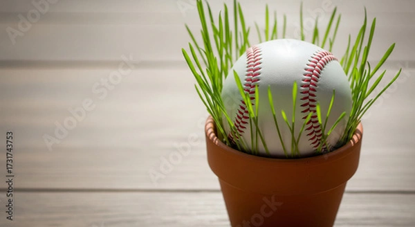 Fototapeta A baseball placed inside a small flower pot with green grass sprouting around it, positioned to the right side of a wooden surface. The left portion remains blurred negative space. Natural daylight 