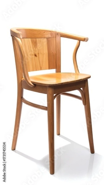 Fototapeta Light-colored wooden armchair with curved arms and a simple design, isolated on white