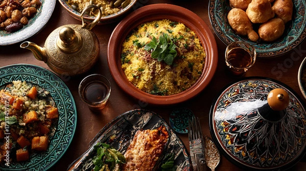 Fototapeta Mesa servida con cuscús, tajín, pan tradicional, té y platos típicos marroquíes en vajilla decorada oriental