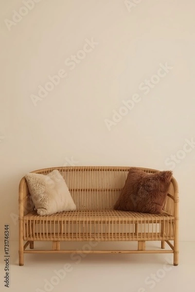 Fototapeta Bamboo Serenity A Cozy Sofa with Plush Pillows for Relaxing Moments in Minimalist Style Home Interior Décor