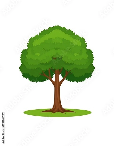 Fototapeta Lush green deciduous tree on a small patch of grass, isolated on white