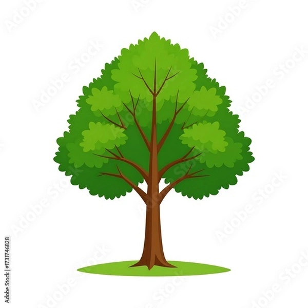 Fototapeta Lush green deciduous tree with a thick trunk and full foliage, set against a white background