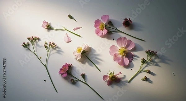 Fototapeta Scattered pink flowers and green stems on a white surface, illuminated by a soft light.