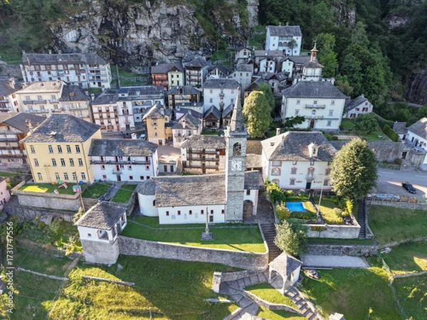 Fototapeta Drone view at the village of Comologno on Onsernone valley in Switzerland