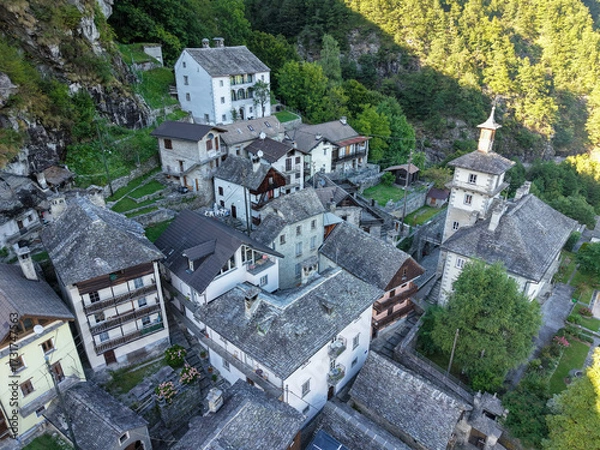Fototapeta Drone view at the village of Comologno on Onsernone valley in Switzerland