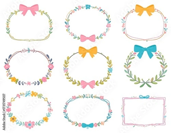 Fototapeta Nine oval and one rectangular floral frames with bows