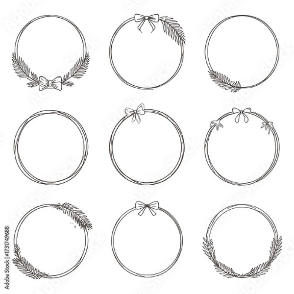 Fototapeta Nine simple circular frames adorned with bows and stylized leaves