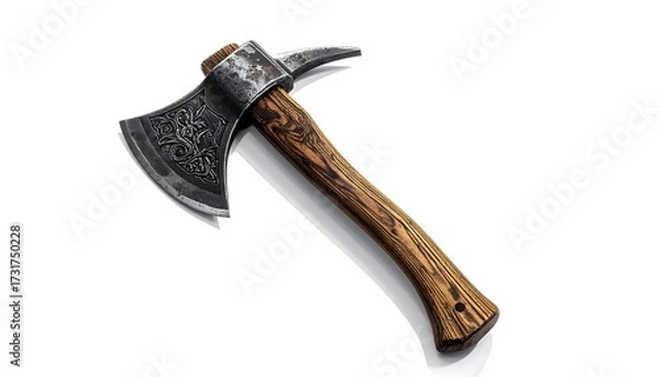 Fototapeta Ornate axe with dark wood handle, isolated on white