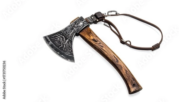 Fototapeta Ornate axe with dark wood handle and leather carrying strap, isolated on white