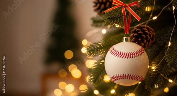 Fototapeta A baseball hanging like a Christmas ornament from a decorated branch, positioned neatly on the right side of a festive blurred background. The left portion remains uncluttered for text overlay. Golden