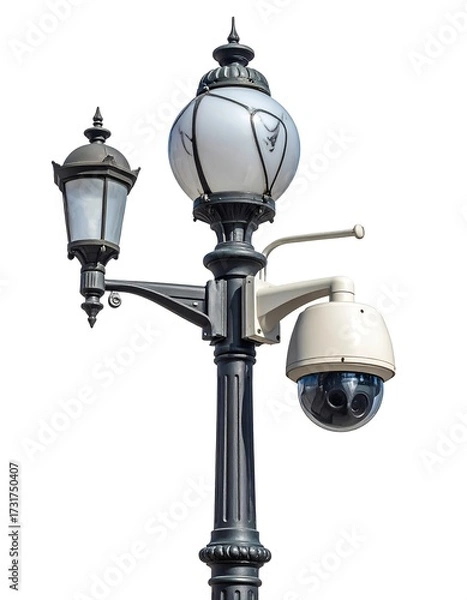 Fototapeta Ornate lamppost with attached security camera and smaller lantern
