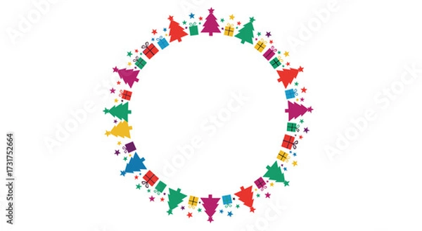 Fototapeta A festive circular border decorated with colorful Christmas trees and gifts.