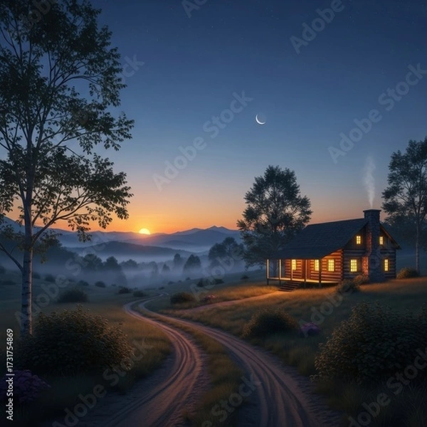 Fototapeta Serene cabin in mountains under sunset sky with hazy field path