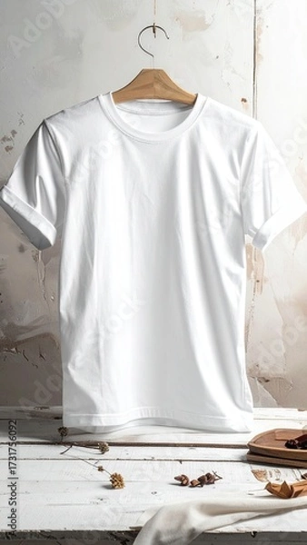 Obraz Hanging White T Shirt Mockup Against Textured Wall and Wooden Surface Simple Display Front View Minimalist Composition Neutral Color Palette