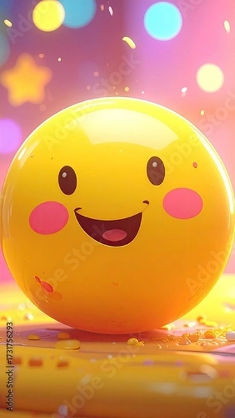 Obraz Happy Yellow Emoji Ball with Pink Cheeks and Bokeh Background