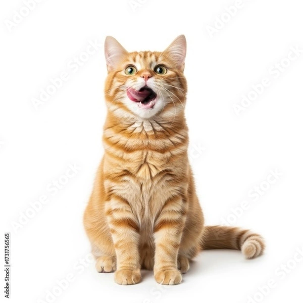 Fototapeta Adorable ginger tabby cat, licking its nose, isolated on white background