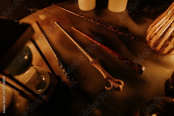 Fototapeta Beautiful Magic Wands, Different Types Of Wooden Sticks On Fairy Table. Magician