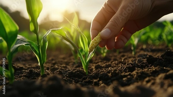 Fototapeta Fingers gently pressing corn seed into fertile sunlit garden soil