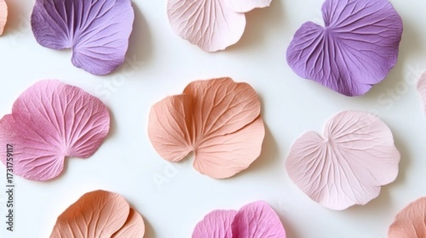 Fototapeta Flat lay of hydrangea petals in blush and lavender tones creating a delicate, aesthetic design