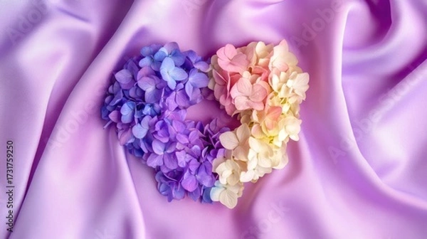 Fototapeta Flat lay of pastel hydrangea blossoms forming a heart shape on soft fabric background