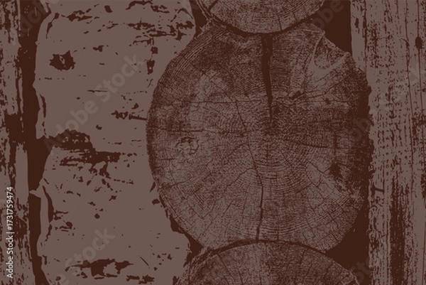 Fototapeta Detailed illustration of brown rustic wooden log wall with visible growth rings and weathered surface. High contrast texture design ideal for backgrounds, patterns, or natural wood-themed graphic proj
