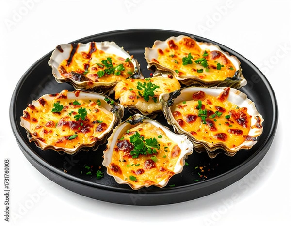 Obraz A plate of fresh oysters baked with a golden, melted cheese topping, garnished with parsley. A rich and savory seafood appetizer.