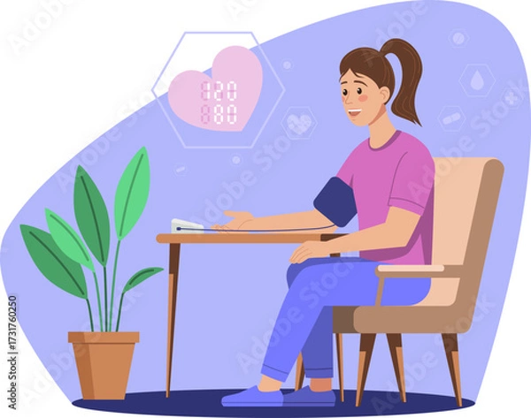 Fototapeta Illustration of a woman sitting on a chair, smiling while checking her blood pressure with an automatic monitor. Includes health icons and heart rate display in a modern interior setting.