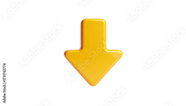 Obraz 3D-rendered, shiny, yellow arrow pointing downwards against a black background