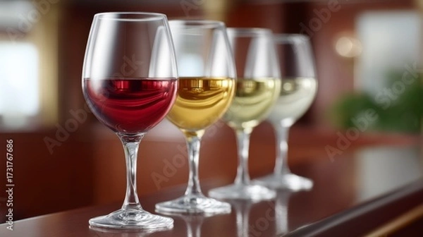 Fototapeta Assorted wine glasses displaying red, white, and ros varieties on a wooden bar