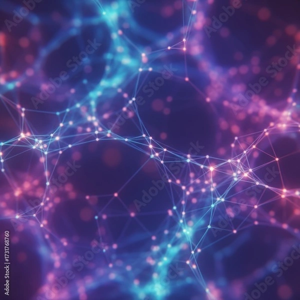 Fototapeta Neural Network Flow. complex neural network. glowing lines and nodes are intentionally rendered with a soft, ethereal blur and shallow focus, making them look like a glowing,interconnected digital web