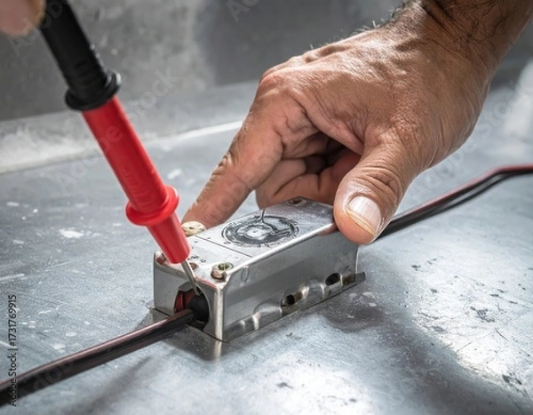 Fototapeta Technician testing electrical component with multimeter probe