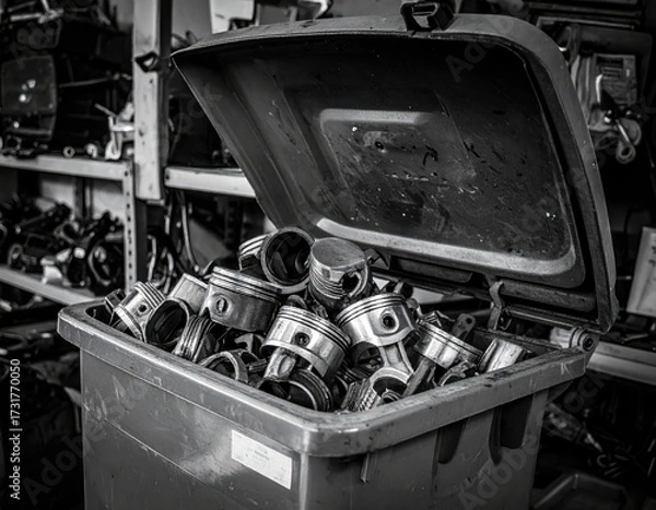 Fototapeta Pile of used engine pistons in an open bin in a workshop