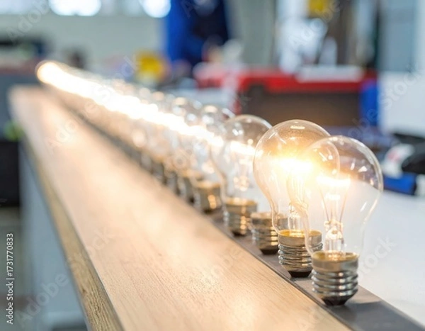 Fototapeta Line of glowing light bulbs on a table indoors
