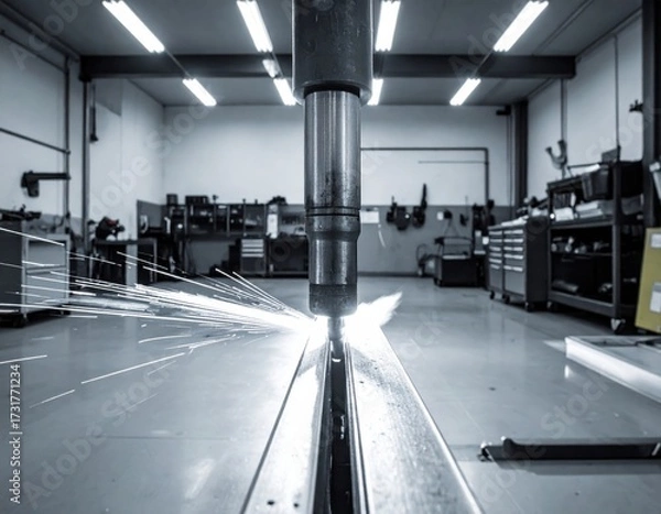 Fototapeta Industrial Metalworking Process with Bright Sparks in Factory Workshop