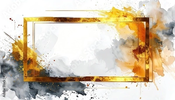 Fototapeta Gold framed rectangular graphic with watercolor splashes