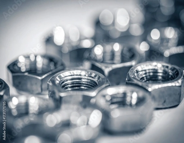 Fototapeta Macro close up of metallic industrial nuts