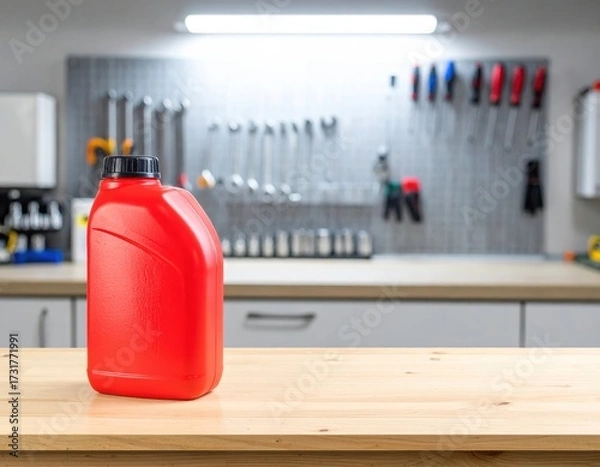 Fototapeta Red plastic oil bottle on workshop workbench with tools