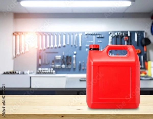 Fototapeta Red Jerry Can on Wooden Table in Workshop