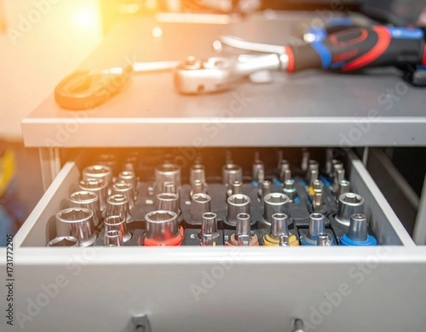 Fototapeta Organized Socket Wrench Set and Hand Tools in Mechanic's Drawer