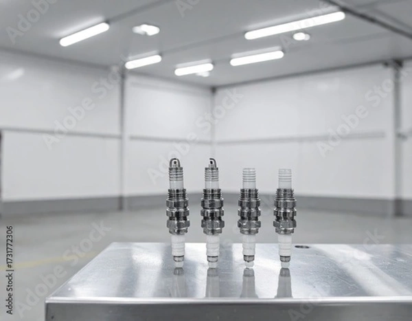 Fototapeta Row of new spark plugs on a shiny metallic surface in a clean industrial setting