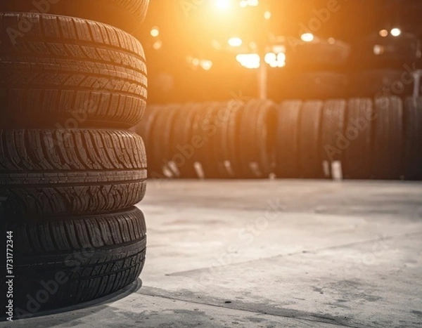 Fototapeta Stack of new car tires in a glowing auto service center