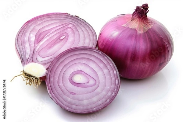 Fototapeta Fresh Red Onion Bulbs Halved and Whole Culinary Ingredient Cooking Still on transparent background