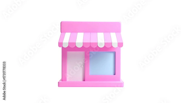Fototapeta Pink 3D cartoon shop with awning, door, and window; isolated on a black background
