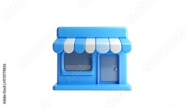 Fototapeta A stylized, 3D render of a blue shop with a white awning and a single door